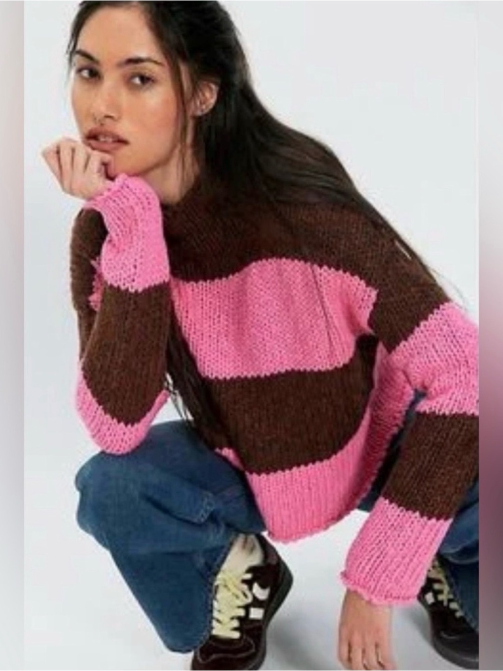 🌺Free People Opal Rugby Stripe Roll Neck NWT- Pink & Brown